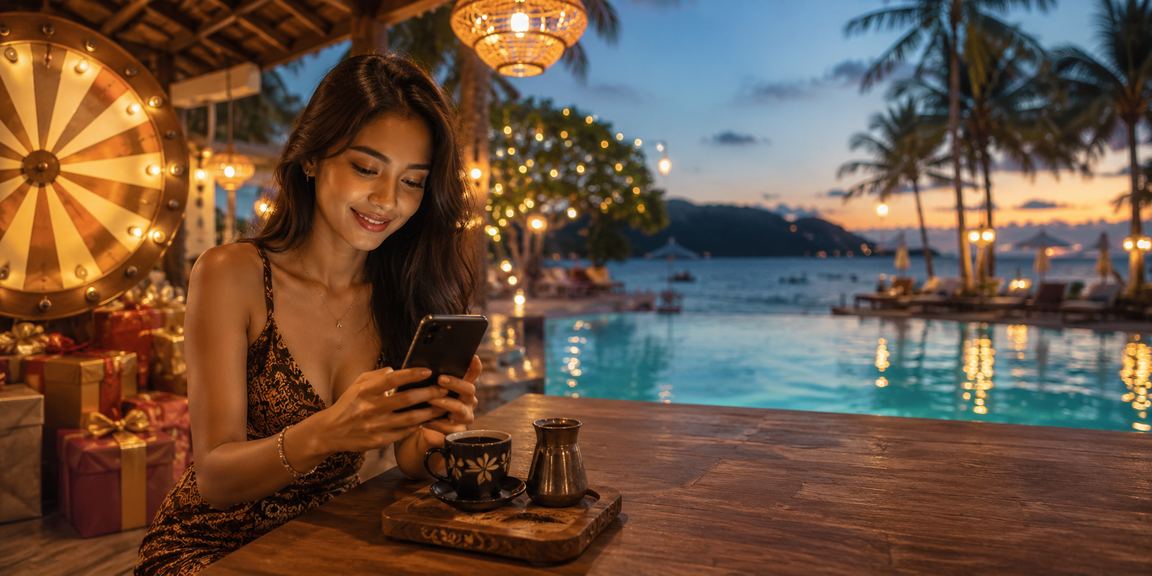 Meja roulette dengan suasana kafe yang hangat dan pencahayaan lembut